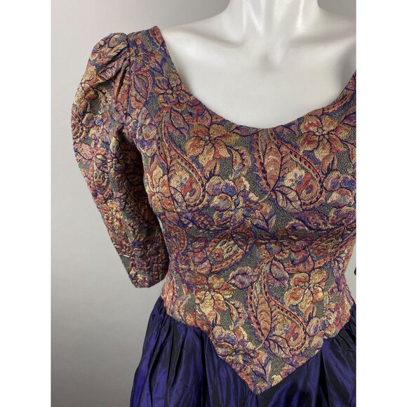 Vtg 80s Purple Gold Floral Tapestry Brocade Purple Taffeta Prom Tea Dress Glam S - Picture 4 of 6